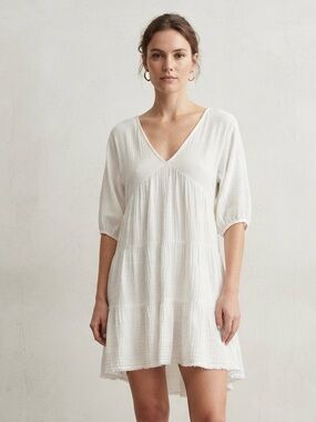 Aerie Sz M Cotton Gauze White Tiered Boho Beachy Mini Dress
